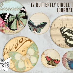 Etiquetas de círculo de mariposas, kit de diario basura, adornos, corte quisquilloso, hojas de collage, material efímero, kit de diario imprimible, álbum de recortes, vintage