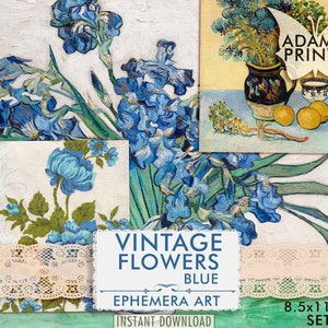 Vintage Flowers Blue, Junk Journal, Digital Kit, Printable Image, Flower Digital Collage Sheet, Art Ephemera, Digi Kit, Cards, Digital Image