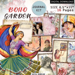 Vintage Boho Garden Journal Kit Vrouwen Boho Collagebladen Altered Art Floral Ephemera Afdrukbaar bekleed en blanco papier Digitale download