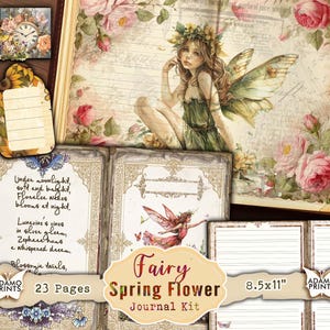 Kit de diario basura de jardín de hadas con flores de primavera, página de diario vintage, hojas de collage, enciclopedia de hadas, plantas de álbum de recortes imprimibles de efímeras