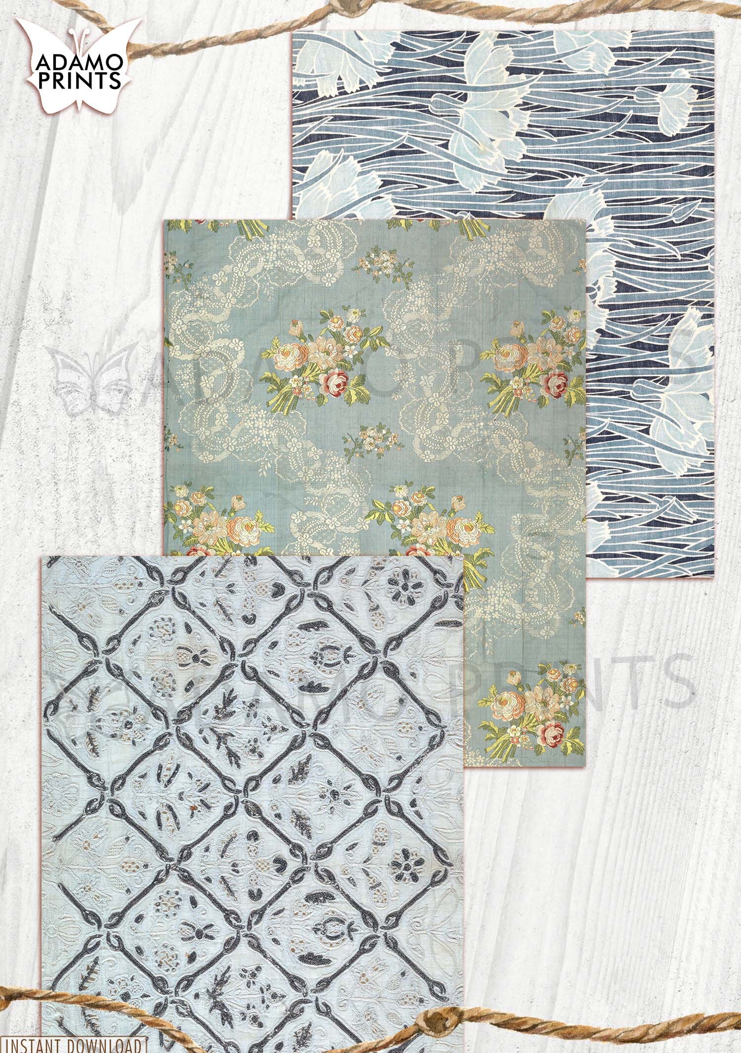 European Textile Pattern, Embroidery, Junk Journaling Kit