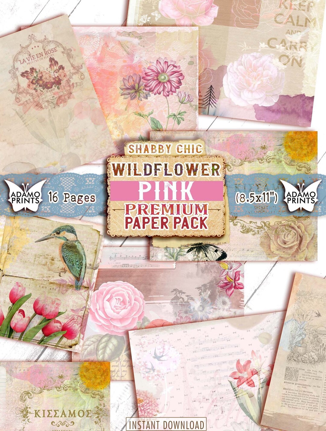 Shabby Chic Wildflower Pink Paper Pack, Junk Journaling Kit, Collage ...