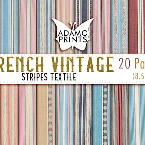 Tessile a strisce vintage francesi, modello di carta, carta shabby, kit per diario cartaceo, carta da parati digitale, carta digitale, sfondo stampabile