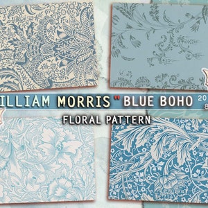 Blauw Boho bloemmotief van William Morris, Victoriaans behang, digitaal papier, junk journal, afdrukbare achtergrond, scrapbook kit