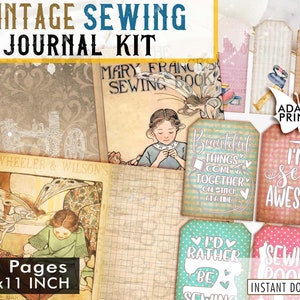 Kit de diario de costura vintage, página de diario, hojas de collage, costura, efímera, etiquetas, tarjeta, kit de diario imprimible, costura de álbum de recortes, vintage