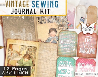 May include: Vintage sewing journal kit with 12 pages, each measuring 8.5 x 11 inches. The kit includes images of sewing machines, fairies, and girls sewing. There are also several printable tags with sewing-themed quotes, such as "I'm Sew Awesome" and "Beautiful Things Come Together One Stitch At A Time".