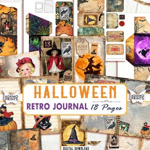 Retro Halloween Junk Journal Kit, Journal Pages, Witch Digital Paper, Vintage Pumpkin, Ephemera Kit, Blank & Lined Journal Printable