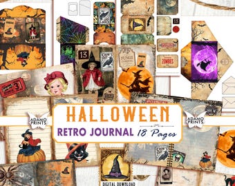 May include: A digital download of 18 printable pages for a Halloween themed retro journal. The pages feature vintage illustrations of witches, crows, bats, and other Halloween imagery. The text "HALLOWEEN RETRO JOURNAL 18 Pages" is displayed on the front cover.