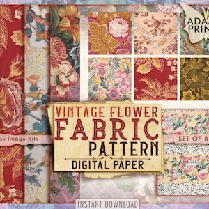May include: A set of 8 digital paper designs featuring vintage floral patterns in various colors, including red, green, yellow, and pink. The designs are labeled "Vintage Flower Fabric Pattern Digital Paper" and "Set of 8 Pages".