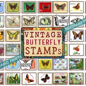 Junk Journal, Faux Stamps, Butterfly Stamp, Postage, Vintage, Ephemera,  Collage Sheets, Embellishments, Scrapbook, Digital Download 