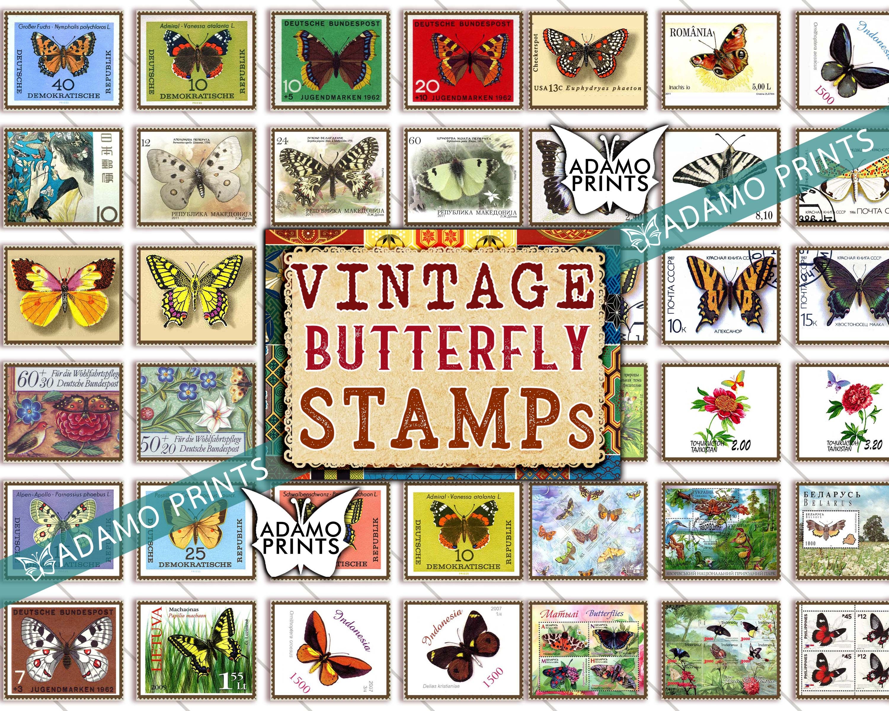Vintage Butterfly Stamps, Faux Stamp, Stamp Digital, Mixed Media, Junk ...