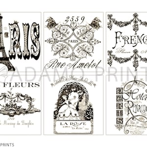 May include: A set of six vintage-style Parisian themed printable images. The images feature black and white illustrations of the Eiffel Tower, flowers, a hotel, and a street sign. The text on the images includes "Paris", "French Flower Market", "Les Fleurs", "Rue Amelot", "Hotel Renaud", and "La Rose".