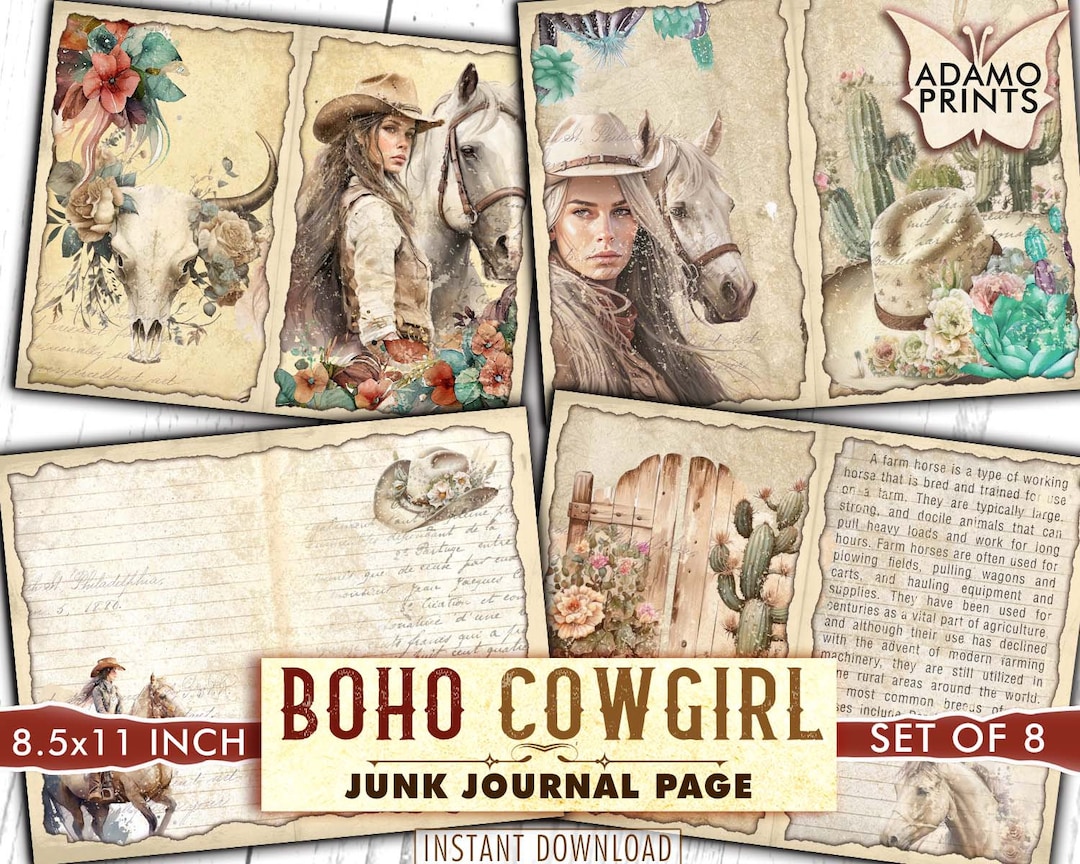 Boho Cowgirl Junk Journal Pages, Journal Kit, Women