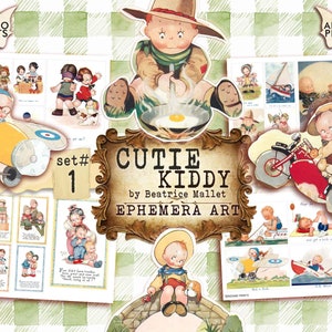 Cutie Kiddy Set 1 de Beatrice Mallet, cartão postal, cartões infantis vintage, ATC, folha de colagem, clássicos efêmeros, diário indesejado, imagem para impressão
