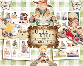 Cutie Kiddy Set 1 by Beatrice Mallet, Postcard, Vintage Children Cards, ATC, Collage Sheet, Ephemera Classics, Junk Journal, Printable Image