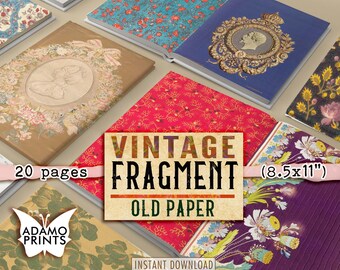 Patroon vintage oude fragmenten, textiel, Victoriaans behang, digitaal papier, bloem, Junk Journal Kit, afdrukbare achtergrond, plakboekkit