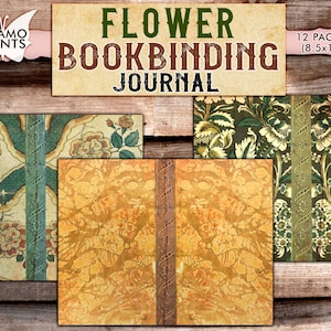 May include: A vintage-style bookbinding journal with 12 pages, featuring a floral design in shades of green, brown, and yellow. The journal measures 8.5 x 11 inches.