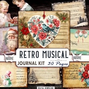Kit di diario natalizio musicale retrò Pagine di diario Natale digitale Babbo Natale documenti stampabili Diario festivo Effimero Vintage Dicembre festivo