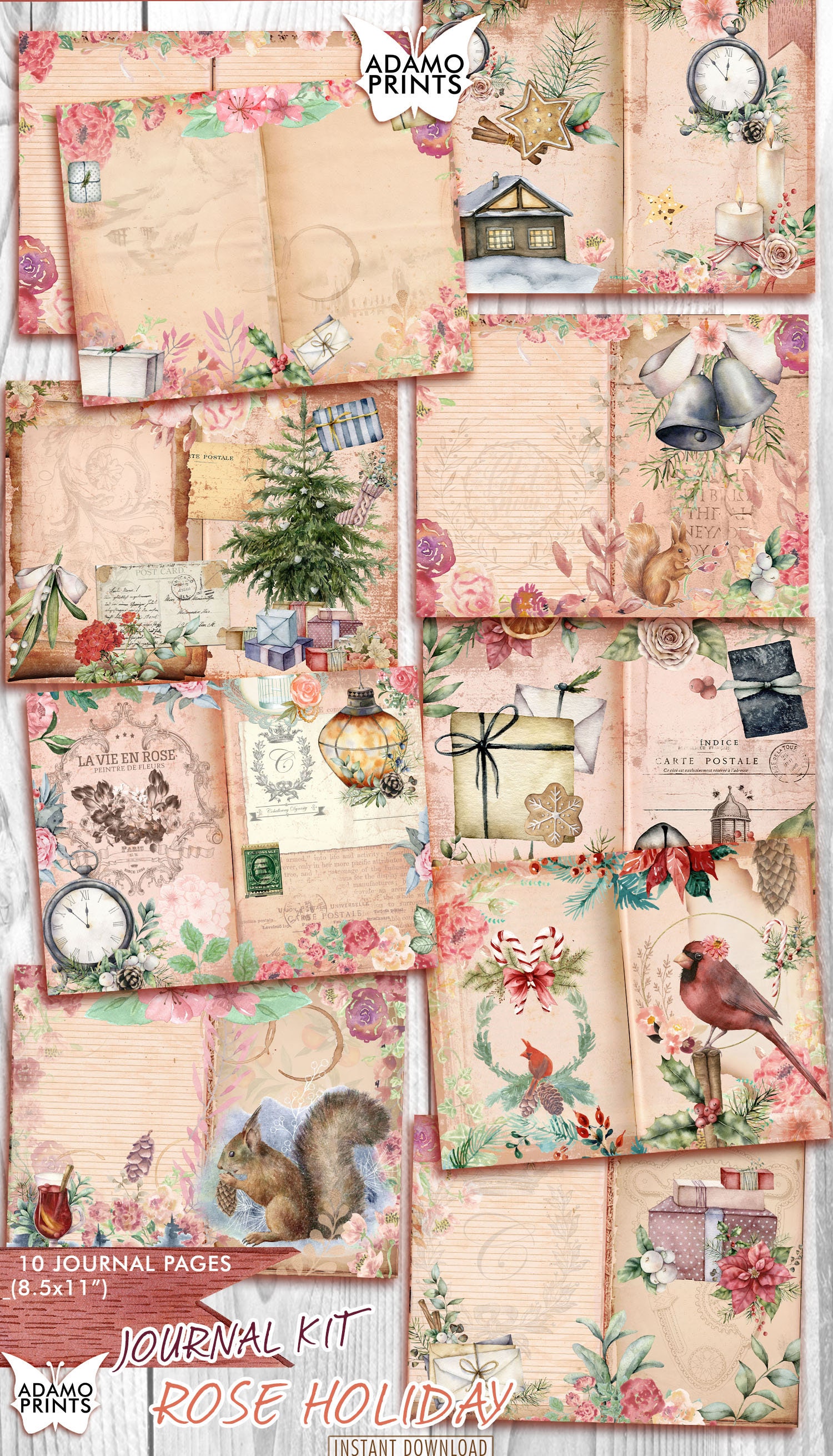 ローズホリデー、ジャンクジャーナルキット、ジャーナルページ、印刷