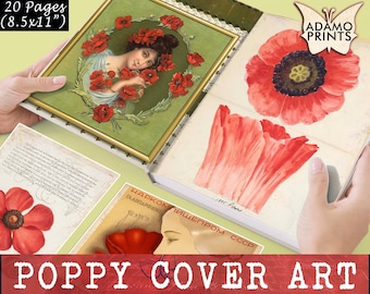 Poppy Cover Art, Digital Images, Flower Digital Print, Vintage Art, Ephemera Classics, Old Digital Print, Ephemera Art, Junk Journal Kit