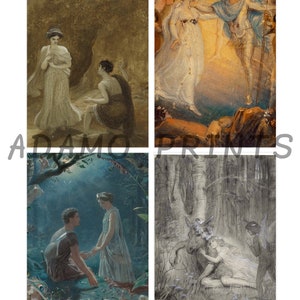 May include: A set of four vintage illustrations depicting scenes from a fairy tale. The first image shows a woman in a white dress talking to a man in a brown tunic. The second image shows a woman in a white dress being led by a man in a blue tunic. The third image shows a man and a woman in a forest setting. The fourth image shows a woman in a white dress lying on the ground with a man in a black tunic standing over her.