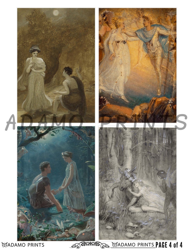 May include: A set of four vintage illustrations depicting scenes from a fairy tale. The first image shows a woman in a white dress talking to a man in a brown tunic. The second image shows a woman in a white dress being led by a man in a blue tunic. The third image shows a man and a woman in a forest setting. The fourth image shows a woman in a white dress lying on the ground with a man in a black tunic standing over her.