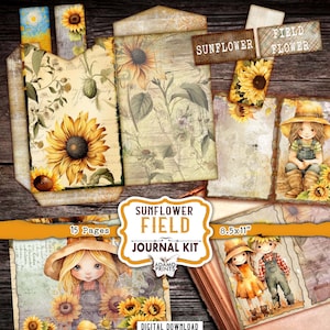Kit diario spazzatura campo di girasole, pagina di diario floreale, fiore effimero, kit di diario stampabile, piante di album, kit di diario naturale vintage