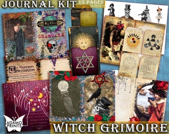 May include: A digital printable kit for a witch's grimoire journal. The kit includes 15 pages with images of stars, moons, pentagrams, skulls, and other witchy symbols. The text "Witch Grimoire" is printed in gold letters on a black background.