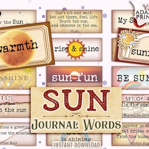 Pode incluir: Um conjunto de 10 cartões de diário imprimíveis com um tema de sol. Os cartões apresentam citações sobre o sol, como "Viva sob o sol", "Não se sente e espere. Saia por aí, sinta a vida. Toque o sol e mergulhe no mar. -Rumi", e "Que saudação gloriosa o sol dá às montanhas. -John Muir". Os cartões são projetados em um estilo vintage com um esquema de cores marrom e branco.