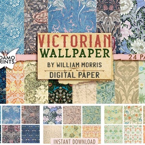 Victorian Wallpaper by William Morris, Digital Paper, Flower, Bird, Pink, Orange, Blue, Junk Journal, Printable Background, Scrapbook Kit