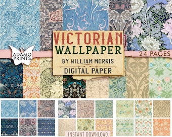 May include: A digital paper pack featuring 24 pages of Victorian wallpaper designs by William Morris. The designs are in a variety of colors and patterns, including floral, geometric, and abstract.