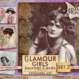 Glamour Girls Journal Cards Set2, Ephemera Classic, Digital, Classic, Vintage, Scrapbook Women Digital, Pinturas, Arte Alterada, Materiais de Arte