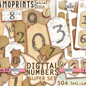 Digitale Zahlen, Nummernetiketten, Tags, Grunge, Journalverzierung, druckbare Zahlen, digitale Tickets, Verzierungen, zufällig, Zahlen