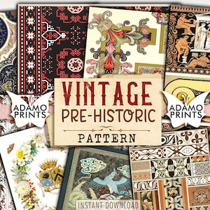 Vintage prehistorisch patroon, vintage stofpapier, antieke rommeldagboekkit, bloempapiertextuur, dagboekpagina's, afdrukbare achtergrond