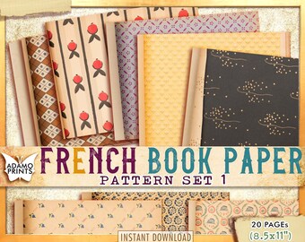 Franse boekpapieren patroonset 1, omslagdagboek, shabby chic papier, papieren dagboekset, digitaal behang, digitaal papier, afdrukbare achtergrond