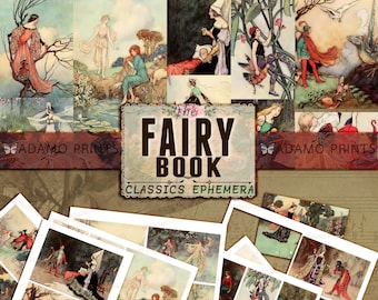 Puede incluir: Un collage de ilustraciones vintage de "The Fairy Book" con hadas, criaturas del bosque y escenas caprichosas. El título "The Fairy Book Classics Ephemera" se muestra en el centro.