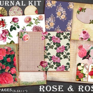 Rose And Rose Journal Kit, Blank & Line Page, Journal Page, Layered Tags, Collage Sheets, Ephemera Journal, Printable Journal Kit, Vintage