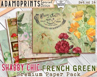 Shabby Chic French Green Paper Pack, Junk Journaling Kit, Collage Paper, Ephemera, Printable Collage Sheets, Collage Ephemera, Digital Kits