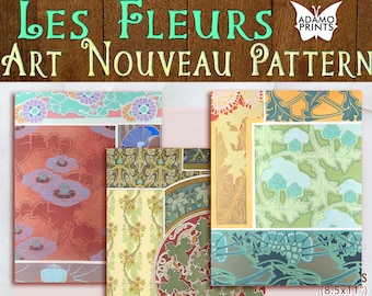 Könnte beinhalten: Vier verschiedene Jugendstilmuster mit floralen und geometrischen Designs in Grün-, Blau-, Gelb-, Rot- und Brauntönen. Die Muster sind auf Papier gedruckt und haben eine Größe von 8,5 x 11 Zoll.