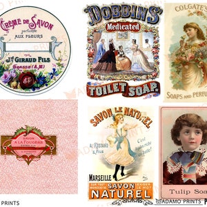 Op de afbeelding: Een verzameling vintage zeepreclames met illustraties van mensen en bloemen. De advertenties bevatten tekst zoals "Cr&egrave;me de Savon", "Dobbins Medicated Toilet Soap", "Colgate's Soaps and Perfumes", "Savon Le Naturel" en "Tulip Soap".