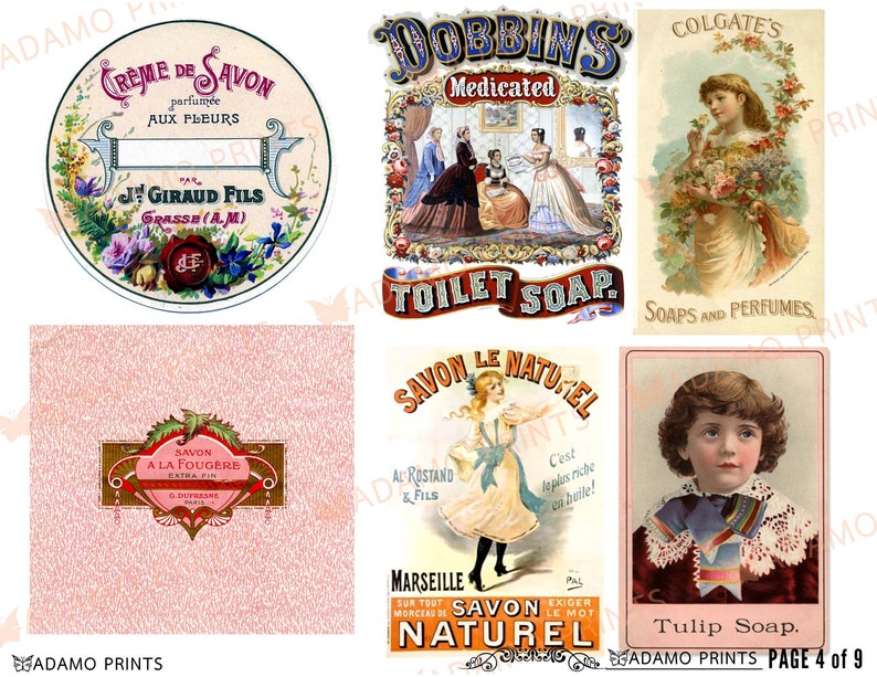 Op de afbeelding: Een verzameling vintage zeepreclames met illustraties van mensen en bloemen. De advertenties bevatten tekst zoals "Cr&egrave;me de Savon", "Dobbins Medicated Toilet Soap", "Colgate's Soaps and Perfumes", "Savon Le Naturel" en "Tulip Soap".