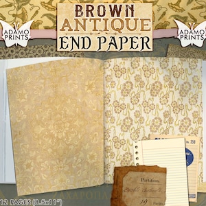 May include: A set of 12 brown antique end papers with a floral pattern. The papers are 8.5 inches by 11 inches.
