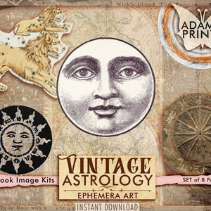 May include: Vintage astrology ephemera art digital download set of 8 pages. The set includes images of the sun, moon, and stars. The images are in a vintage style and are perfect for scrapbooking, card making, and other crafts.