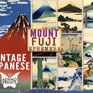 以下が含まれることがあります： 富士山をモチーフにした、ヴィンテージな日本の版画20枚セット。版画は様々な色とスタイルで、桜の花、風景、伝統的な日本の建築物が描かれています。版画には「Mount Fuji Ephemera」と「Vintage Japanese」のラベルが貼られています。