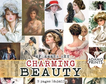 May include: A collage of vintage images featuring women in various poses and clothing styles. The images are arranged in a grid pattern and have a faded, antique aesthetic. The title "Charming Beauty" is displayed in bold, red letters with a decorative butterfly design. The text "Ephemera Art" and "Adamo Prints" are also included in the collage.