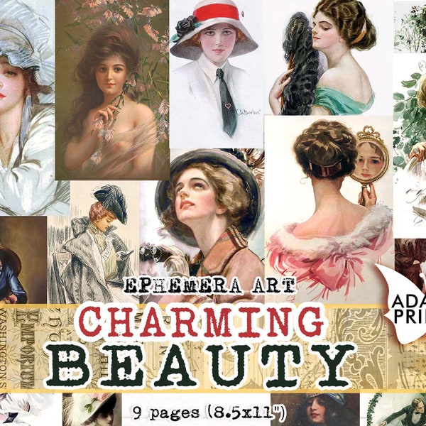 Beauté charmante, femmes vintage, images numériques, embellissement, collage numérique, éphémère, classique, art vintage, impressions, journal indésirable