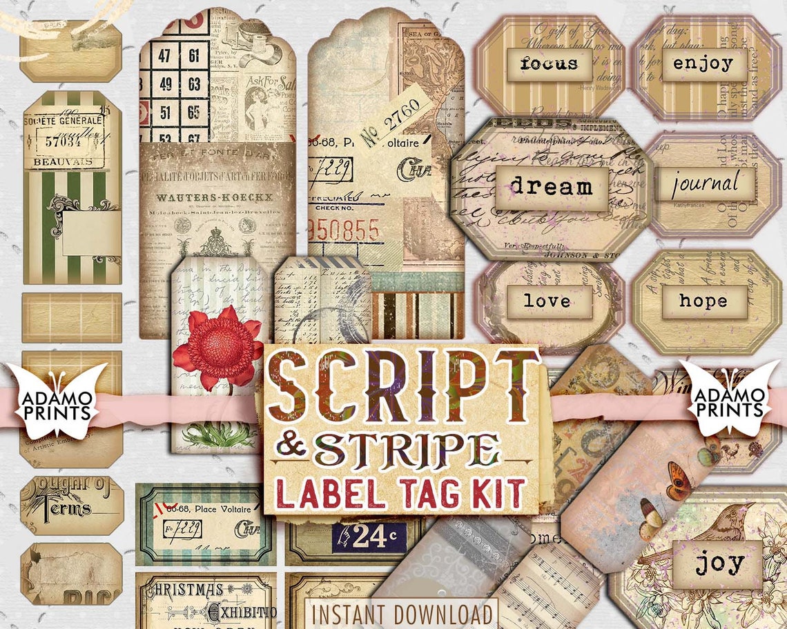 Vintage Script Label Tag Kit: Printable Collage Ephemera (PDF) - Etsy