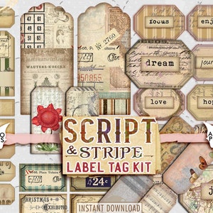 Script & Stripe Label Tag Kit, Junk Journaling Kit, Collage Papers, Afdrukbare Collagebladen, Collage Ephemera, Shabby Chic Collage