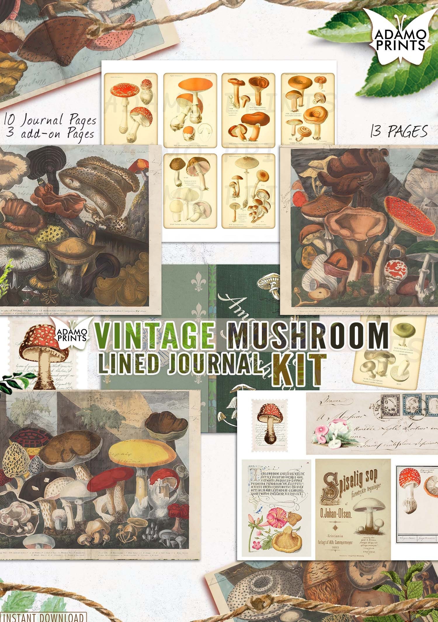 Vintage Mushroom Journal Kit, Junk Journal Page, Printable Mushrooms ...