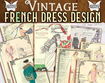 Design di abiti francesi vintage, moda, art déco, kit per diario spazzatura, kit per diario di carta, carta da parati digitale, carta digitale, sfondo stampabile